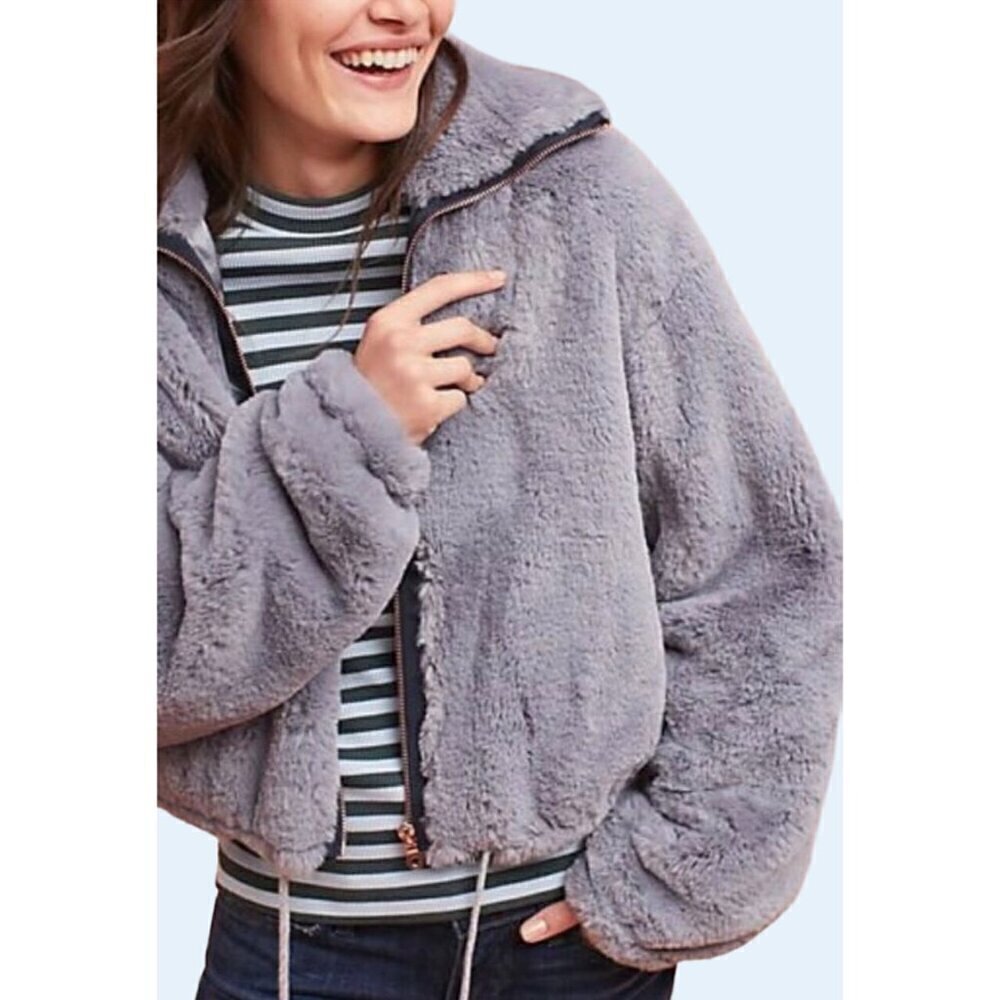 ANTHROPOLOGIE Elevenses Grey Faux Fur High Collar Jacket Coat Sz M